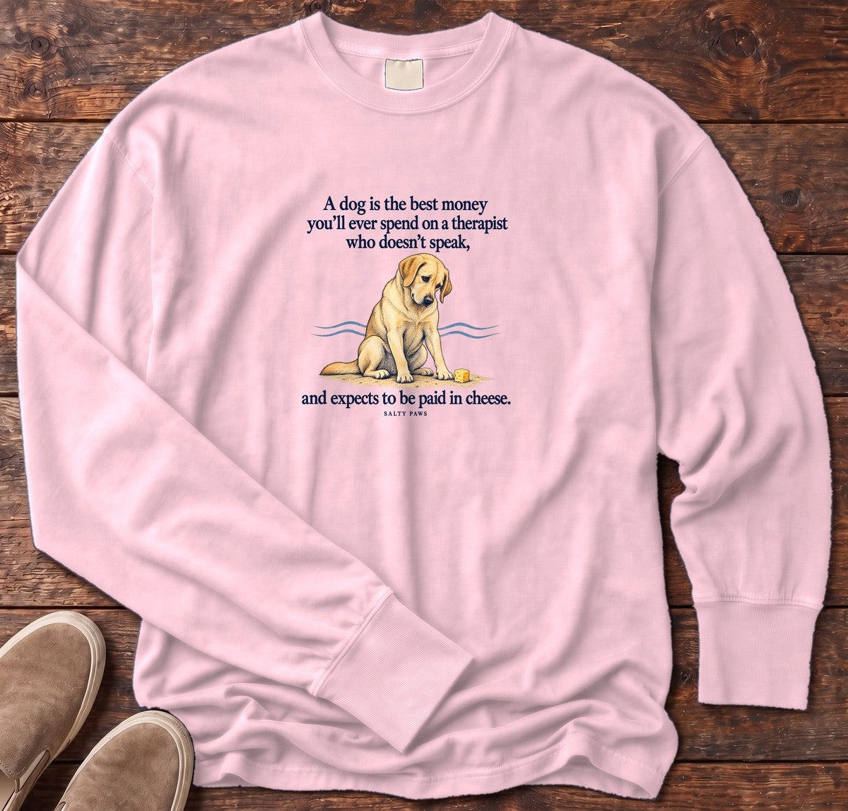Paid in Cheese Yellow Lab Long Sleeve Tee in Blossom, Salty Paws Comfort Colors Long Sleeve Tee, front design flat lay