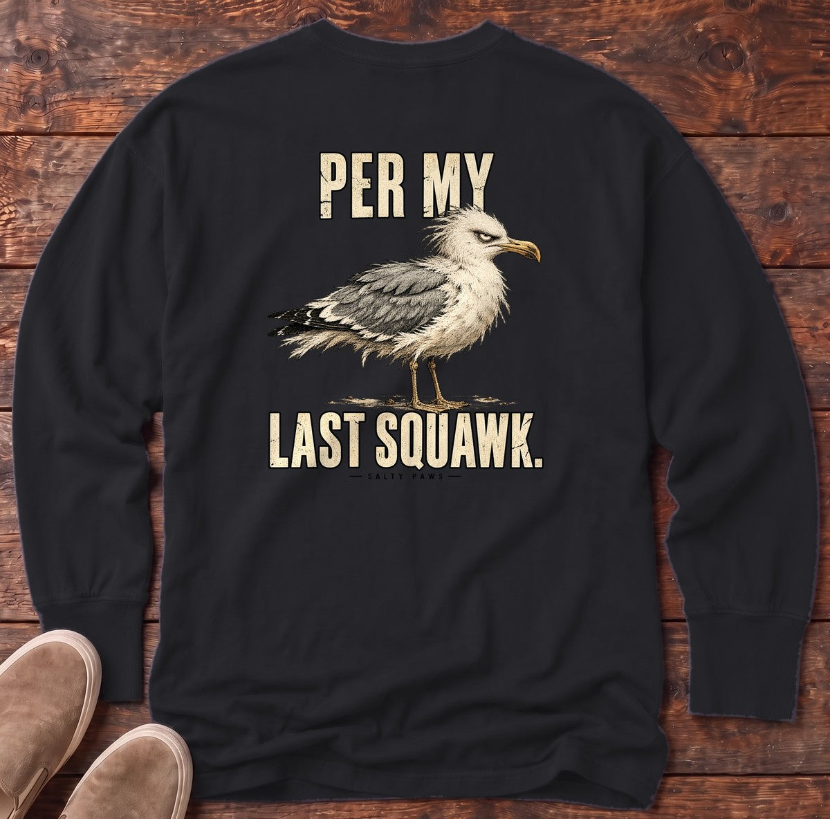 Per My Last Squawk Seagull Back Design Long Sleeve Tee in Black, Salty Paws Comfort Colors Long Sleeve Tee, back design flat lay