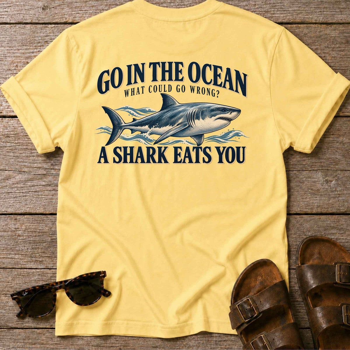 Go in the Ocean Shark Back Design T-Shirt in Daisy, Salty Paws T-Shirt, back design flat lay