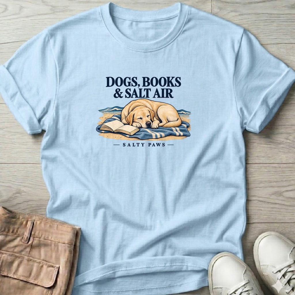 Dogs, Books & Salt Air Yellow Lab T-Shirt in Light Blue, Salty Paws T-Shirt, front design flat lay