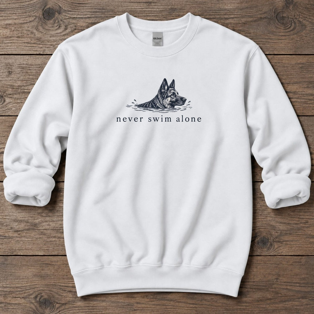 Never Swim Alone German Shepherd Midweight Sweatshirt in White, Salty Paws coastal sweatshirt