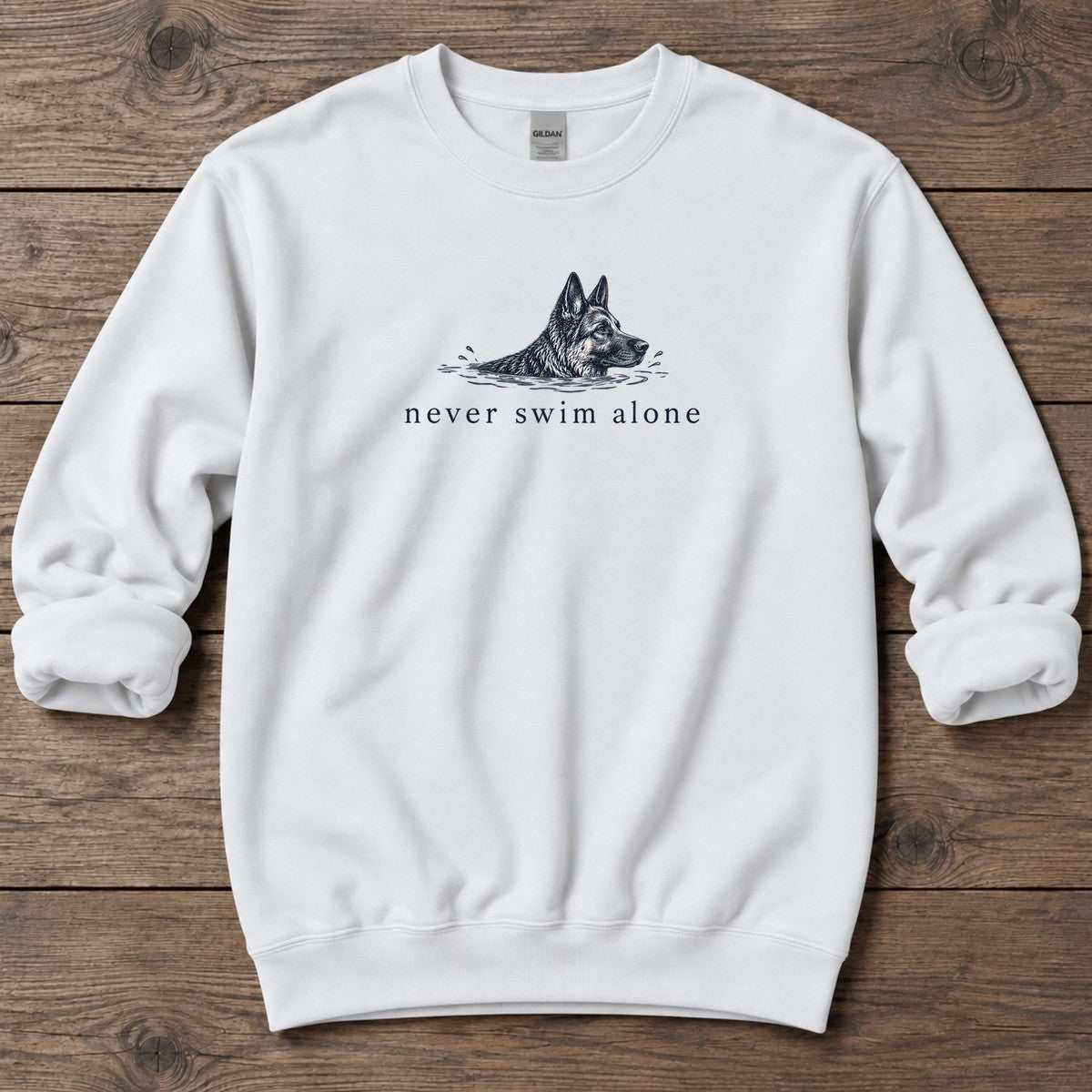 Never Swim Alone German Shepherd Midweight Sweatshirt in White, Salty Paws coastal sweatshirt