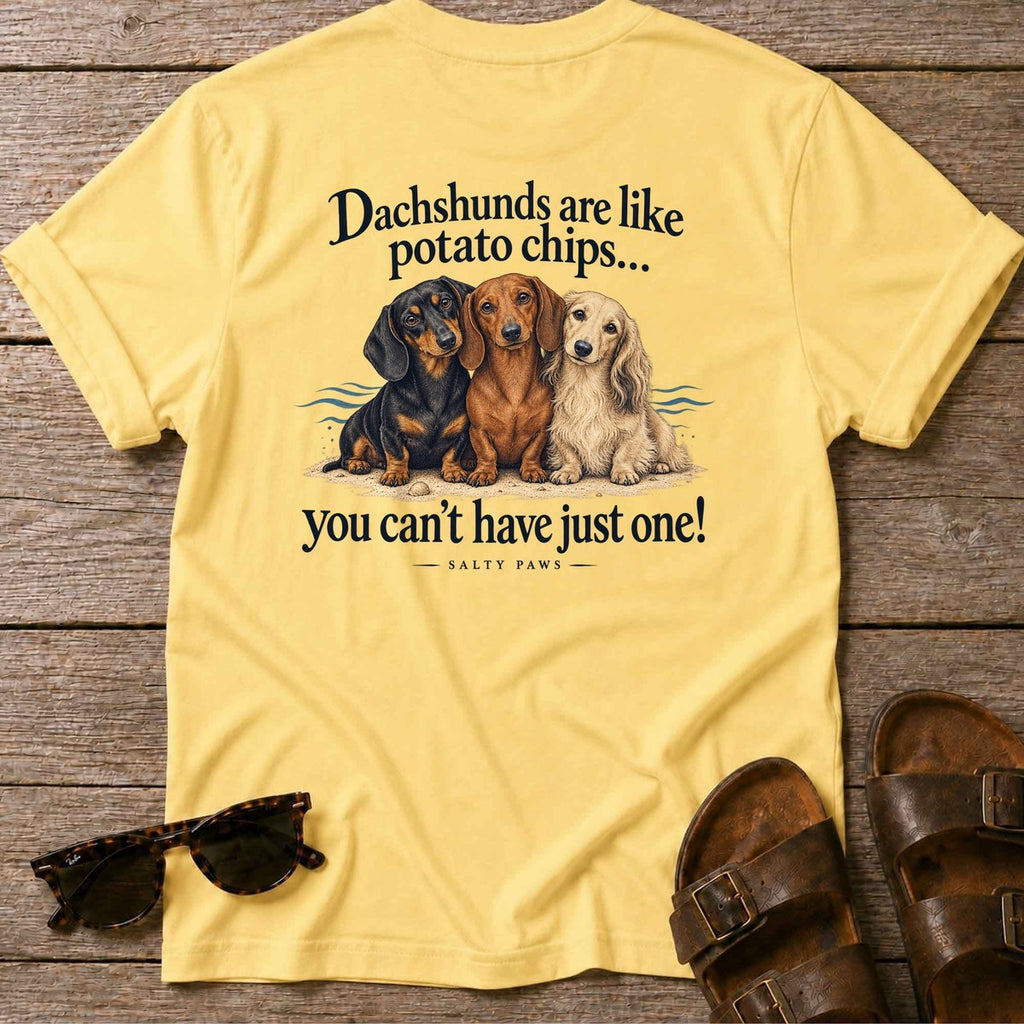 Dachshunds Are Like Potato Chips Back Design T-Shirt in Daisy, Salty Paws T-Shirt, back design flat lay