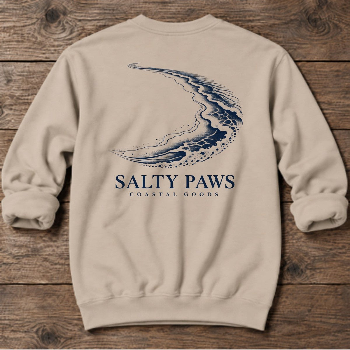 Crescent Shoreline Coastal Goods Back Design Midweight Sweatshirt in Sand, Salty Paws Midweight Sweatshirt, back design flat lay