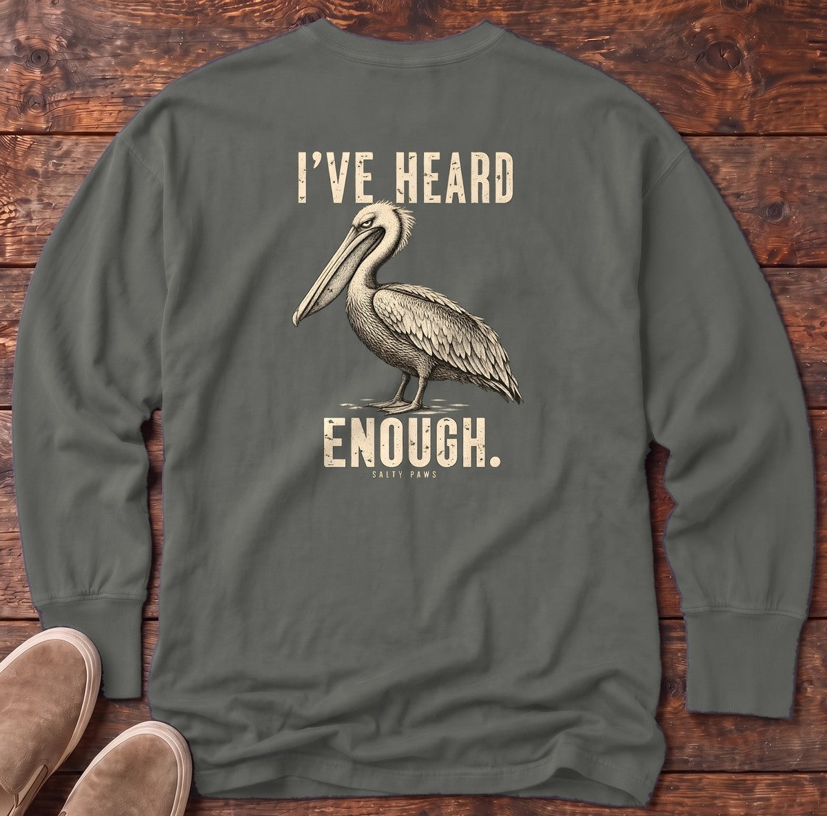 I've Heard Enough Pelican Back Design Long Sleeve Tee in Pepper, Salty Paws Comfort Colors Long Sleeve Tee, back design flat lay