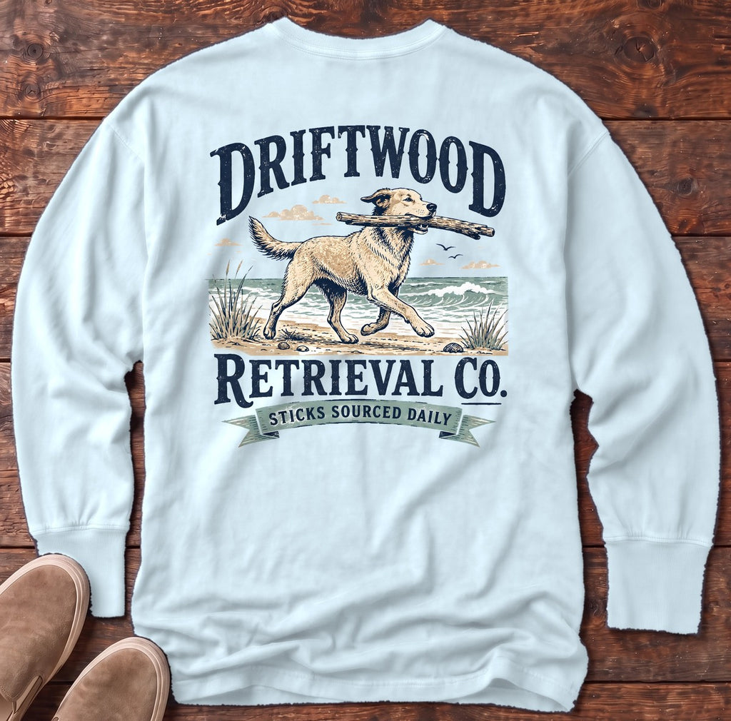 Driftwood Retriever Back Design Long Sleeve Tee in Chambray, Salty Paws Comfort Colors long sleeve tee