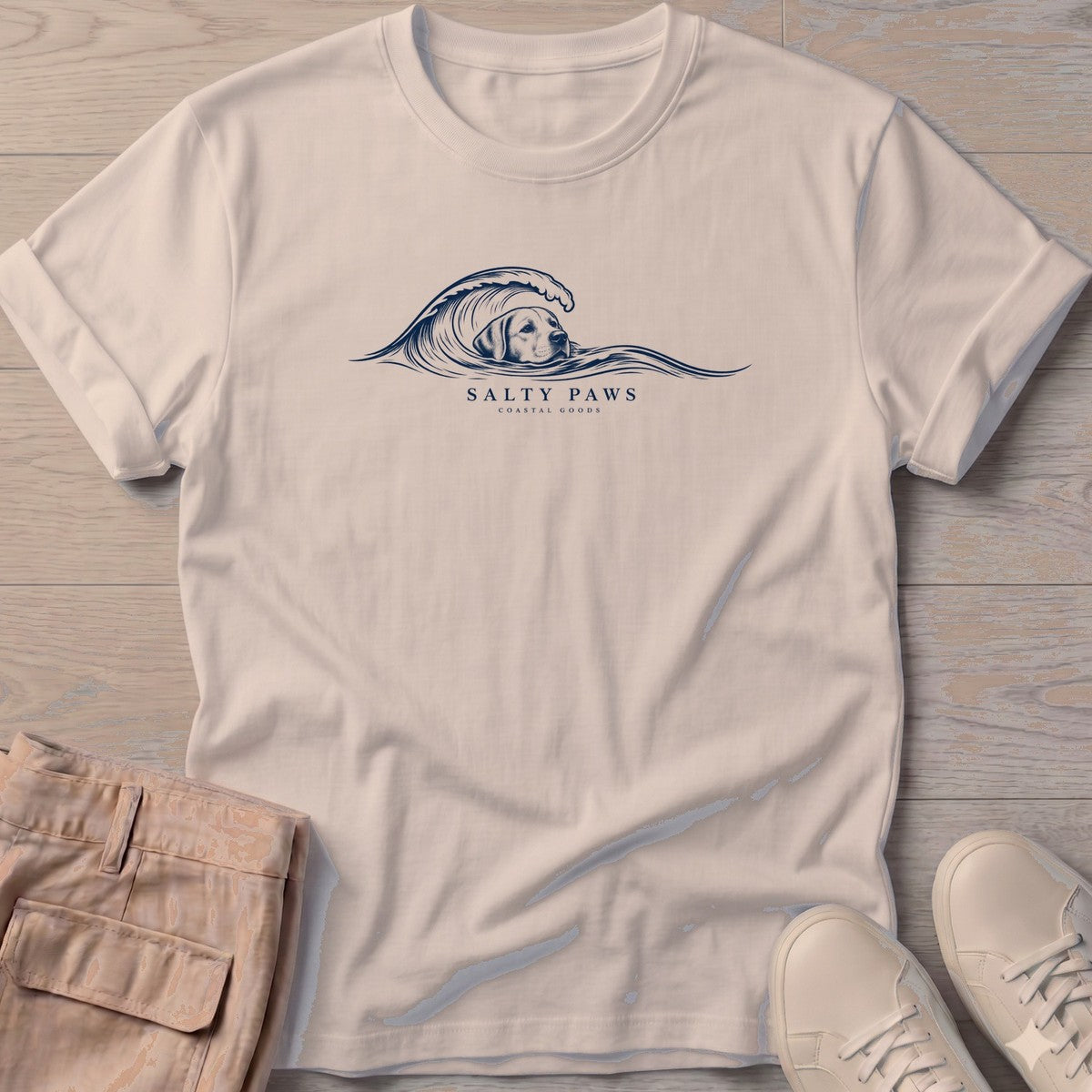 Labrador Wave T-Shirt in Sand, Salty Paws T-Shirt, front design flat lay
