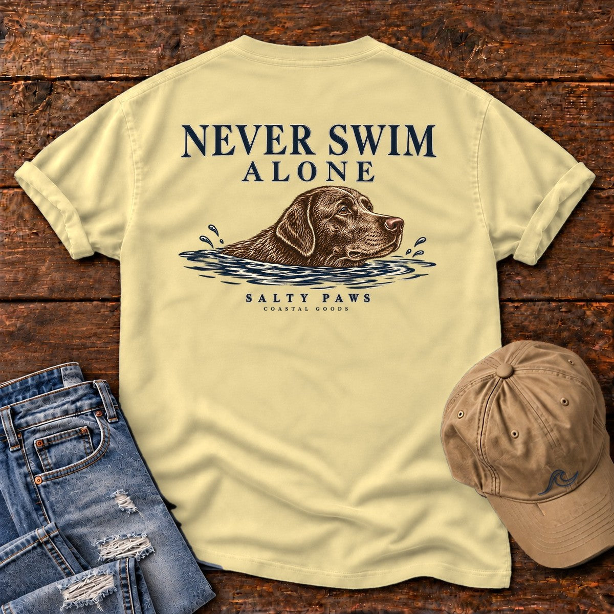 Never Swim Alone Chocolate Lab Back Design Comfort Colors T-Shirt in Butter, back design flat lay