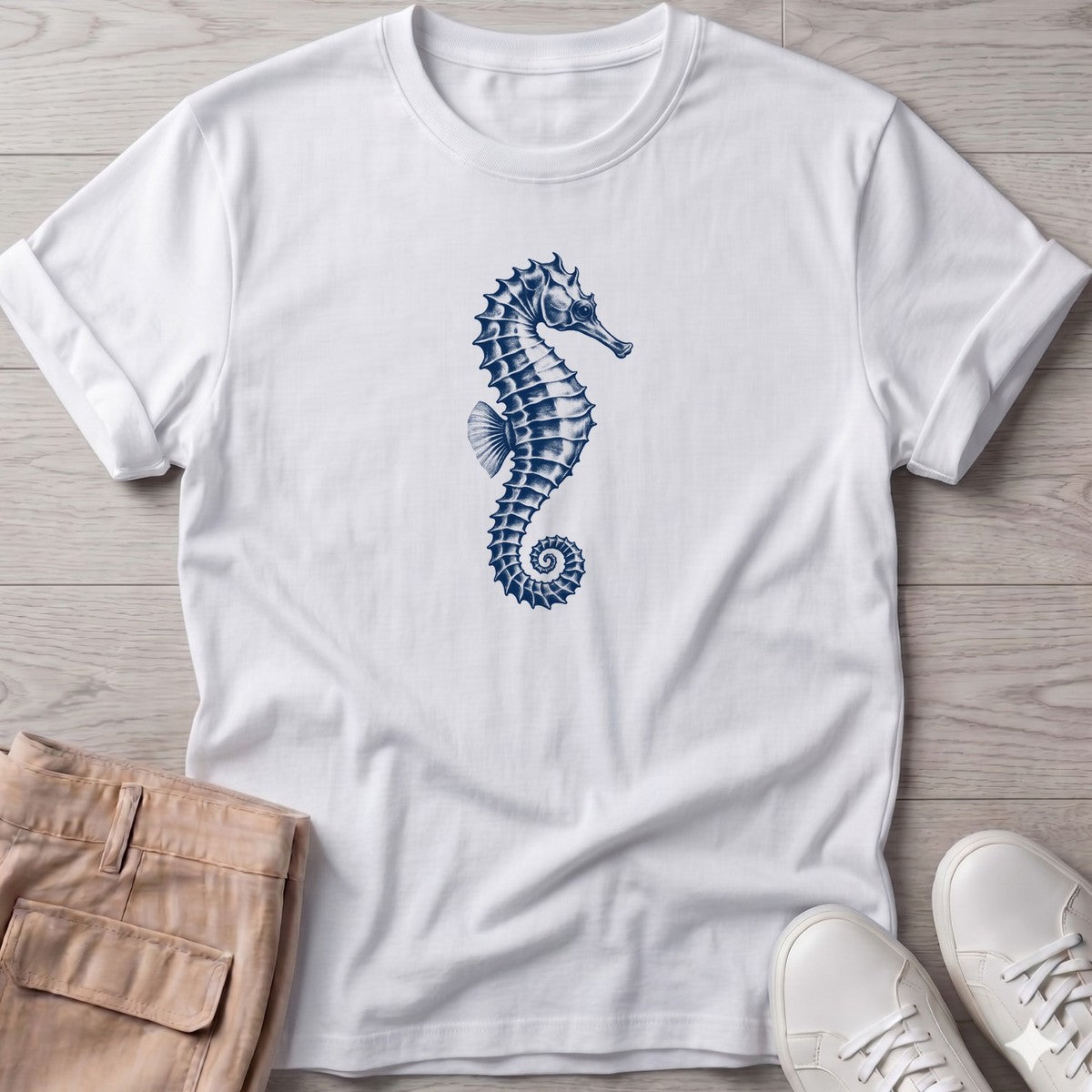 Navy Seahorse T-Shirt in White, Salty Paws T-Shirt, front design flat lay