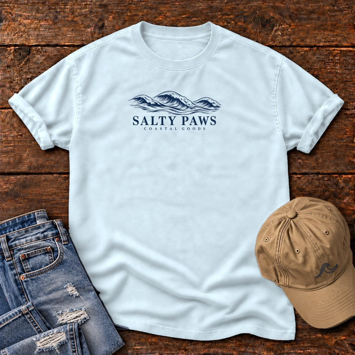 Salty Paws Coastal Swell T-Shirt in Chambray, Salty Paws Comfort Colors T-Shirt, front design flat lay