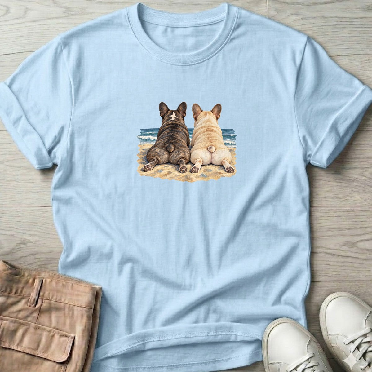 Two French Bulldogs at the Ocean T-Shirt in Light Blue, Salty Paws T-Shirt, front design flat lay