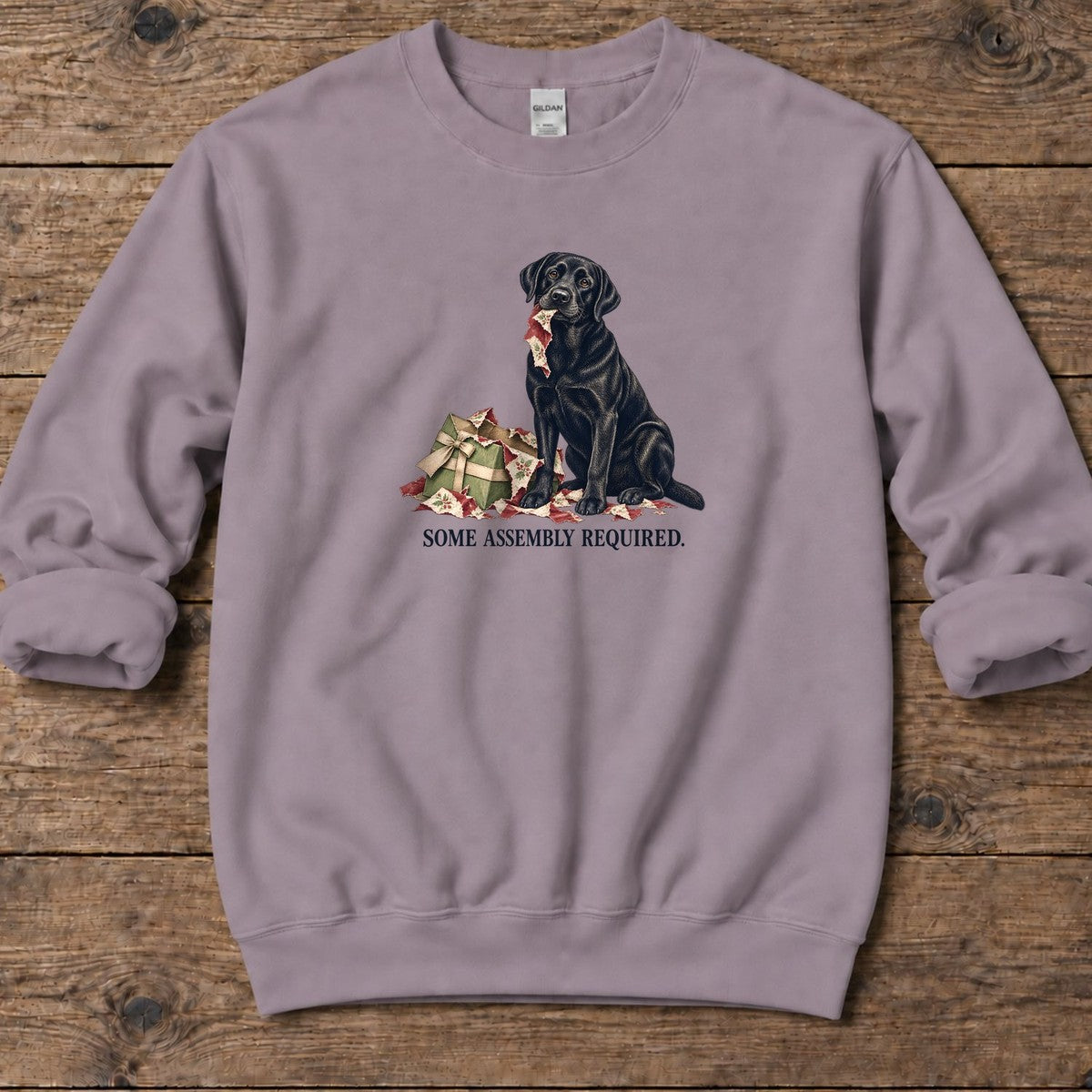 Some Assembly Required Black Lab Midweight Sweatshirt in Paragon, Salty Paws Midweight Sweatshirt, front design flat lay