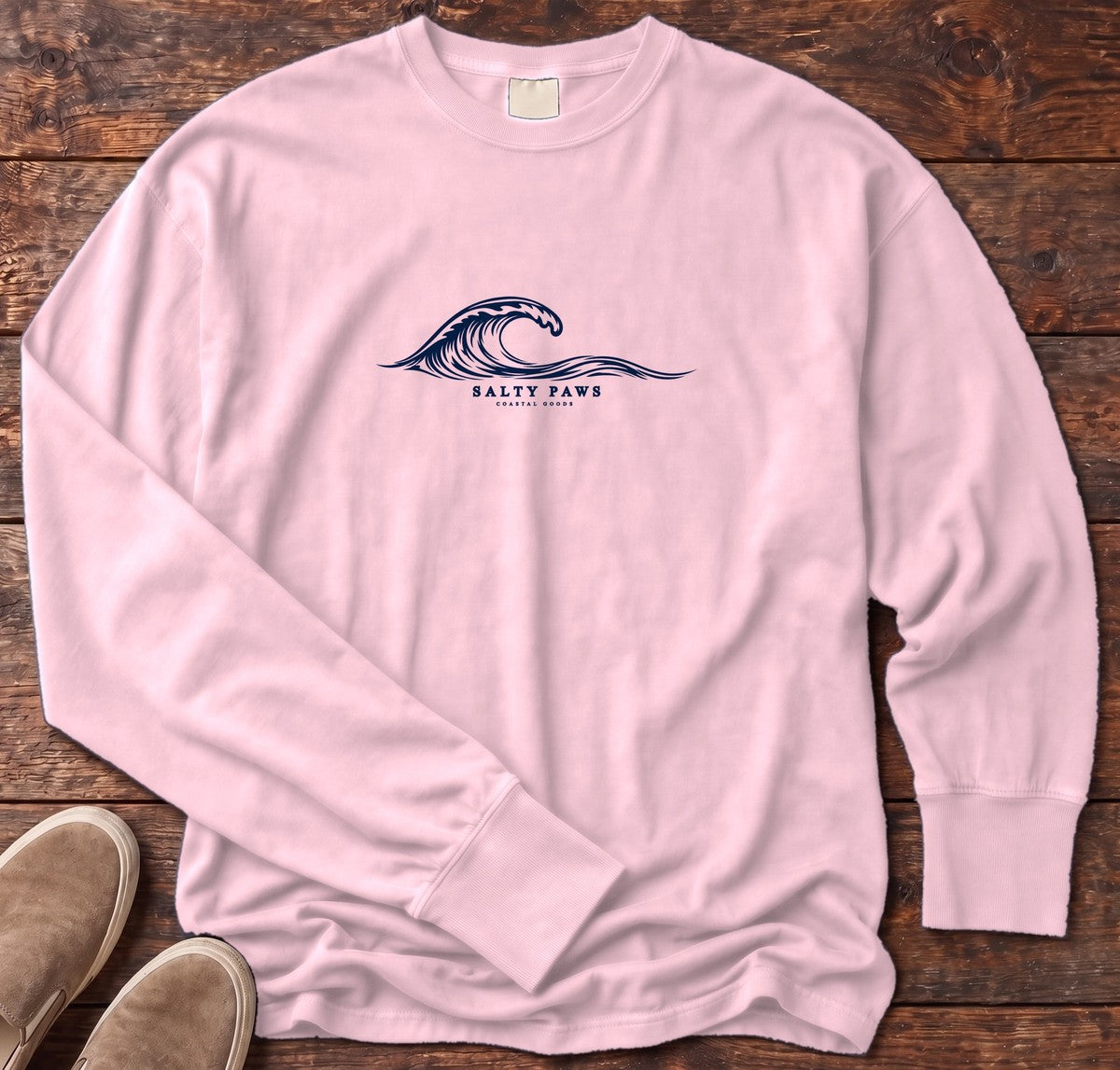 Salty Paws Coastal Wave Long Sleeve Tee in Blossom, Salty Paws Comfort Colors Long Sleeve Tee, front design flat lay