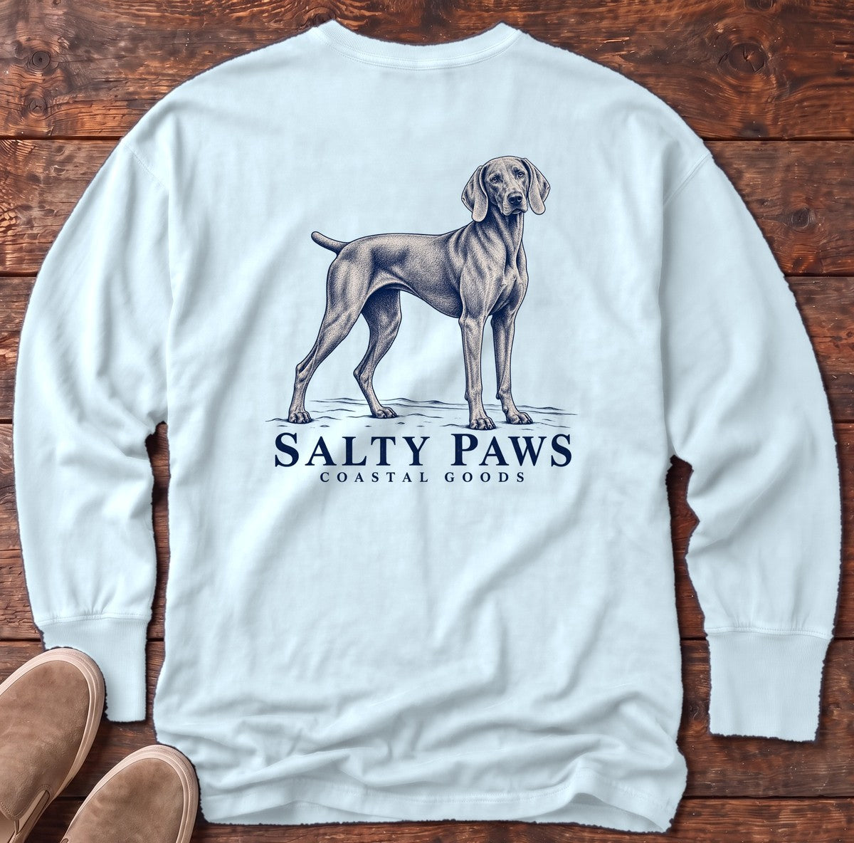 Weimaraner Coastal Goods Back Design Long Sleeve Tee in Chambray, Salty Paws Comfort Colors Long Sleeve Tee, back design flat lay