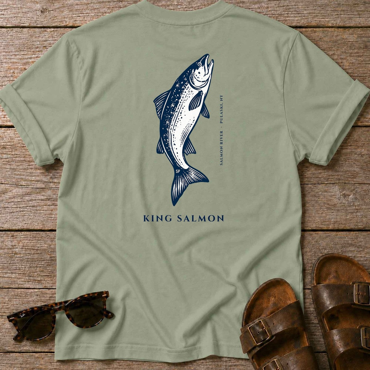 King Salmon Salmon River back design tee in Sage