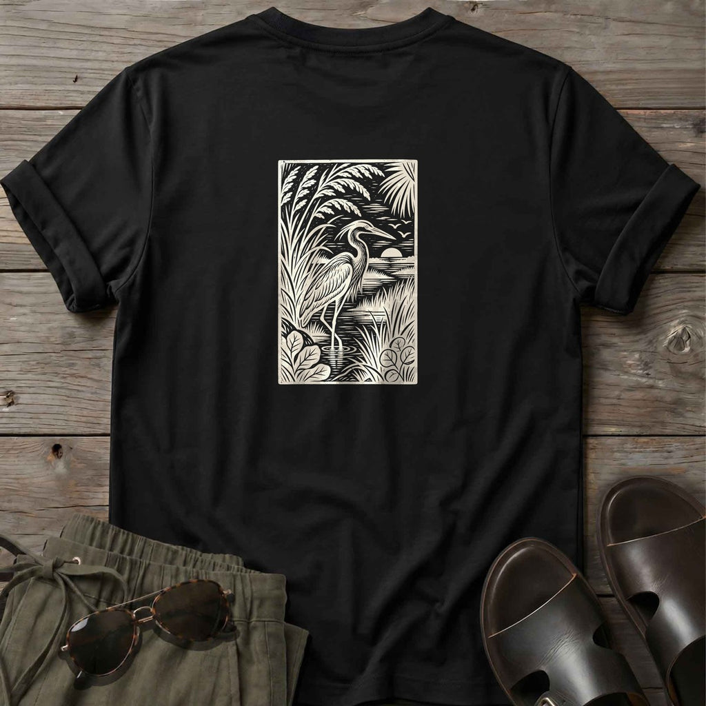 Heron Woodcut Back Design T-Shirt in Black