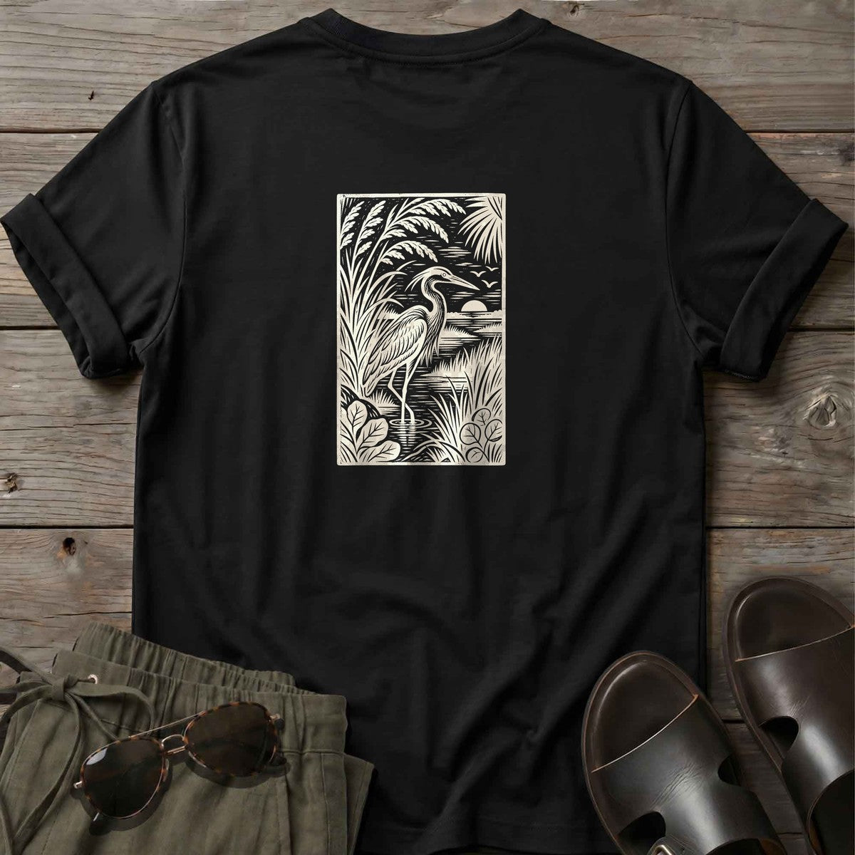 Heron Woodcut Back Design T-Shirt in Black
