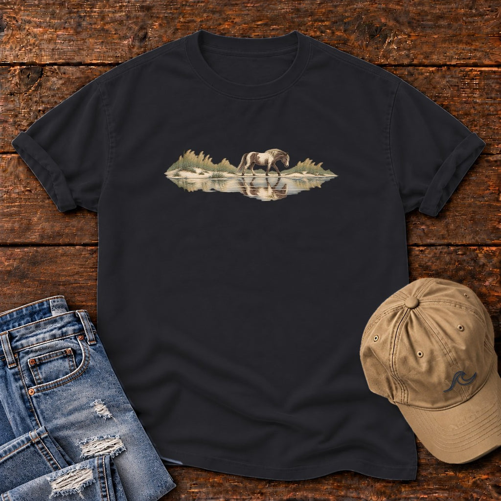 Assateague Pony T-Shirt in Black, Salty Paws Comfort Colors T-Shirt, front design flat lay