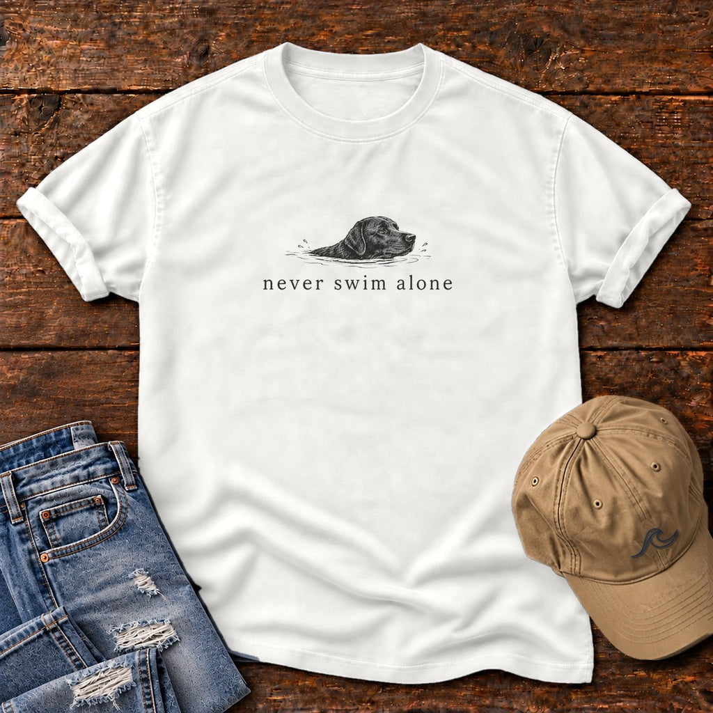 Never Swim Alone Lab Comfort Colors T-Shirt in White, front design flat lay
