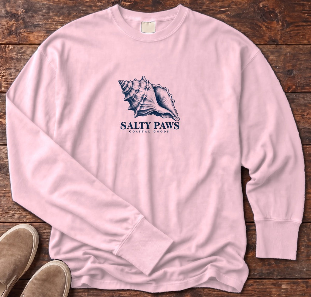 Conch Shell Long Sleeve Tee in Blossom, Salty Paws Comfort Colors Long Sleeve Tee, front design flat lay