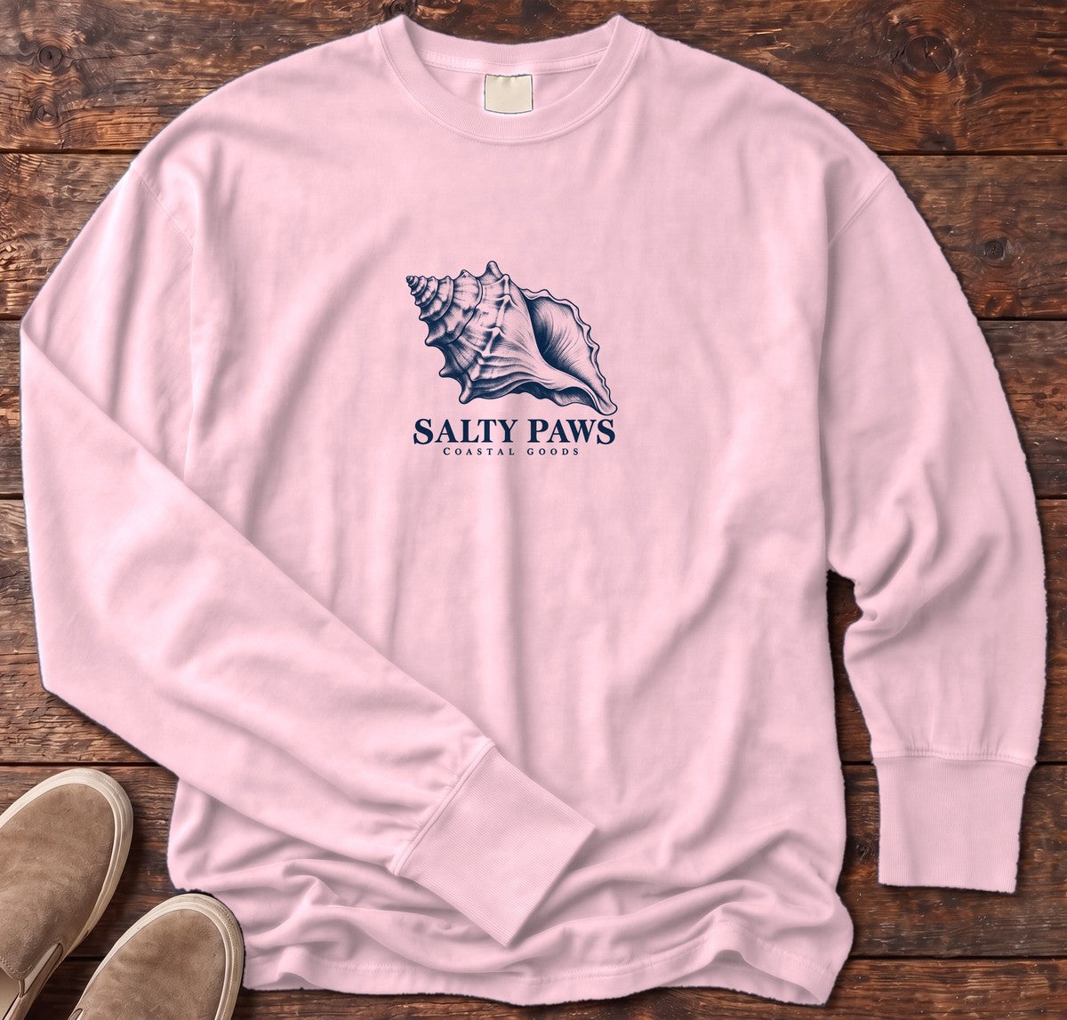 Conch Shell Long Sleeve Tee in Blossom, Salty Paws Comfort Colors Long Sleeve Tee, front design flat lay
