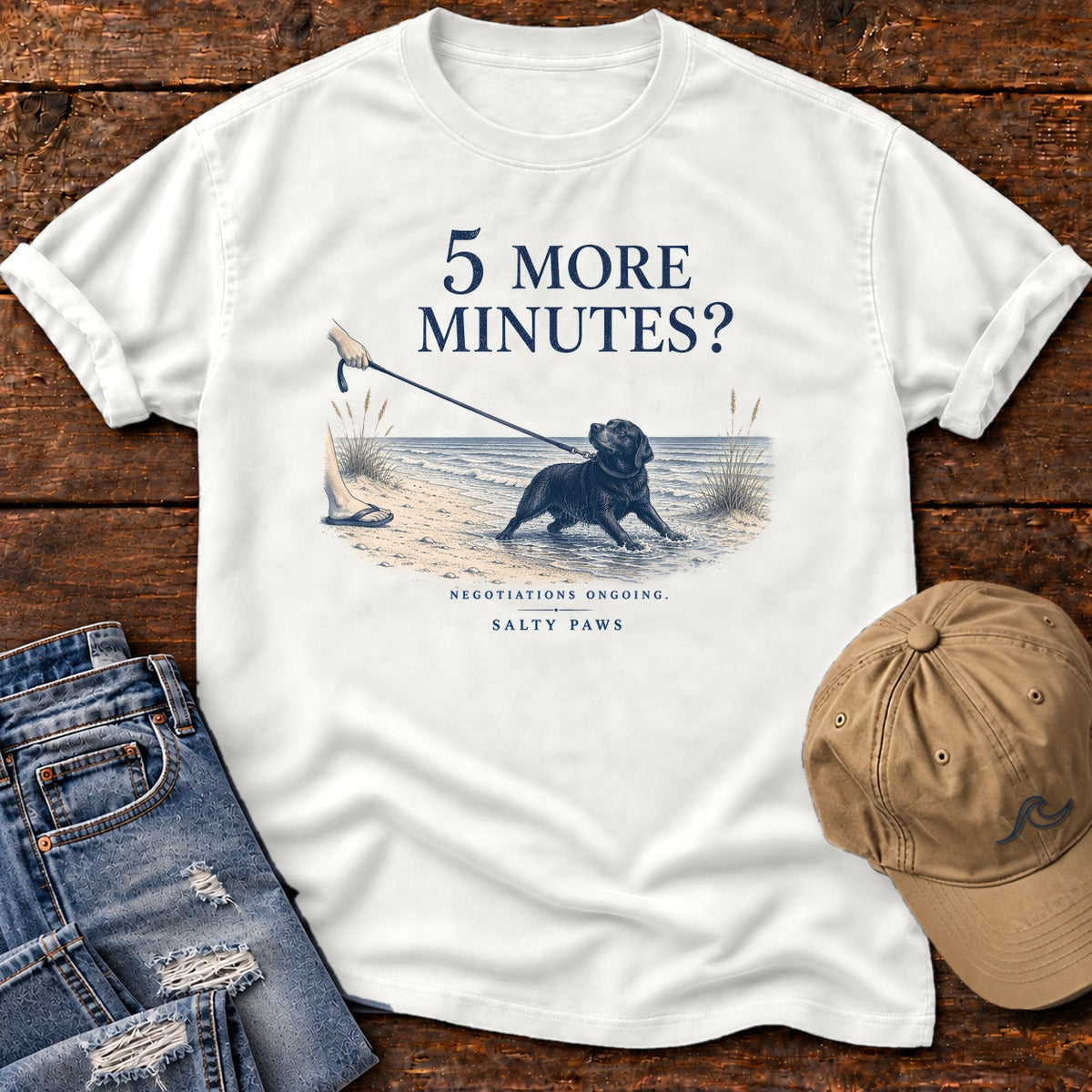 5 More Minutes? Labrador Comfort Colors T-Shirt in White, front design flat lay
