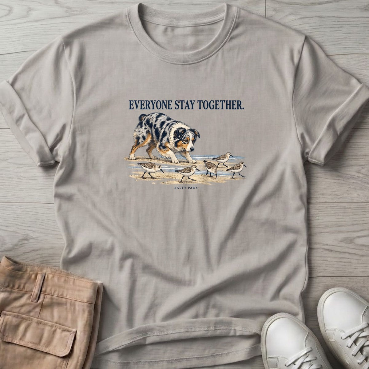 Everyone Stay Together Australian Shepherd T-Shirt in Ice Grey, Salty Paws T-Shirt, front design flat lay