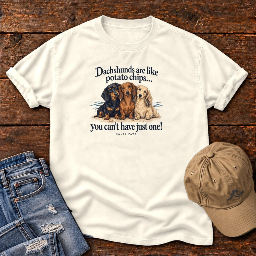 Three Dachshunds Potato Chips T-Shirt in Ivory, Salty Paws Comfort Colors T-Shirt, front design flat lay