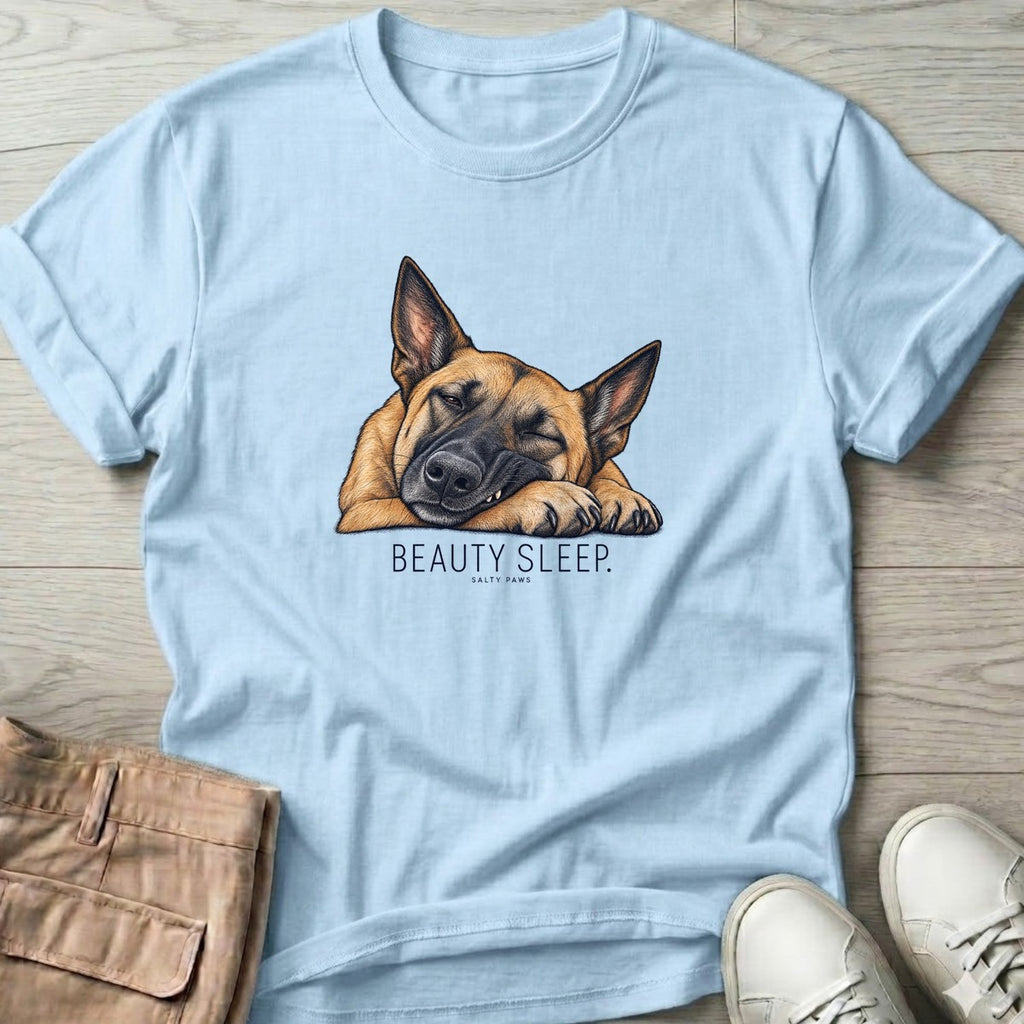 Beauty Sleep Belgian Malinois T-Shirt in Light Blue, Salty Paws T-Shirt, front design flat lay