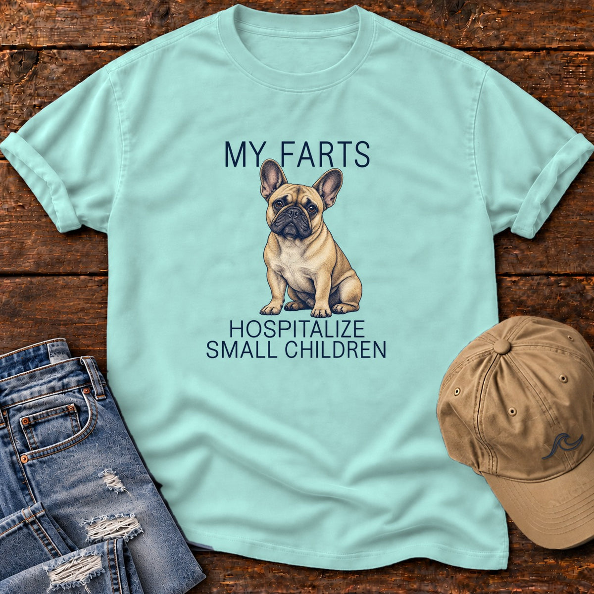 My Farts Hospitalize Small Children Frenchie T-Shirt in Chalky Mint, Salty Paws Comfort Colors T-Shirt, front design flat lay
