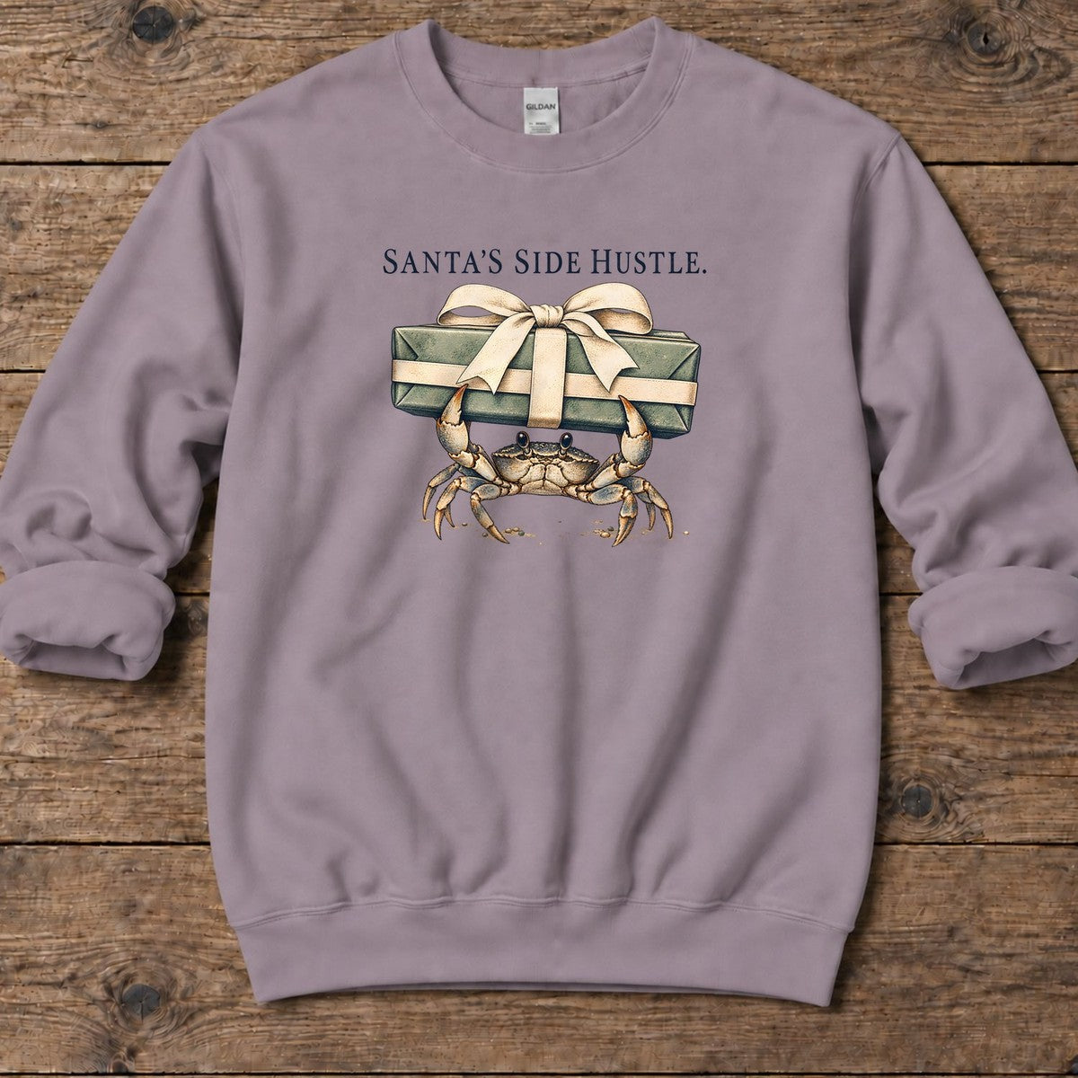 Santa's Side Hustle Crab Midweight Sweatshirt in Paragon, Salty Paws Midweight Sweatshirt, front design flat lay