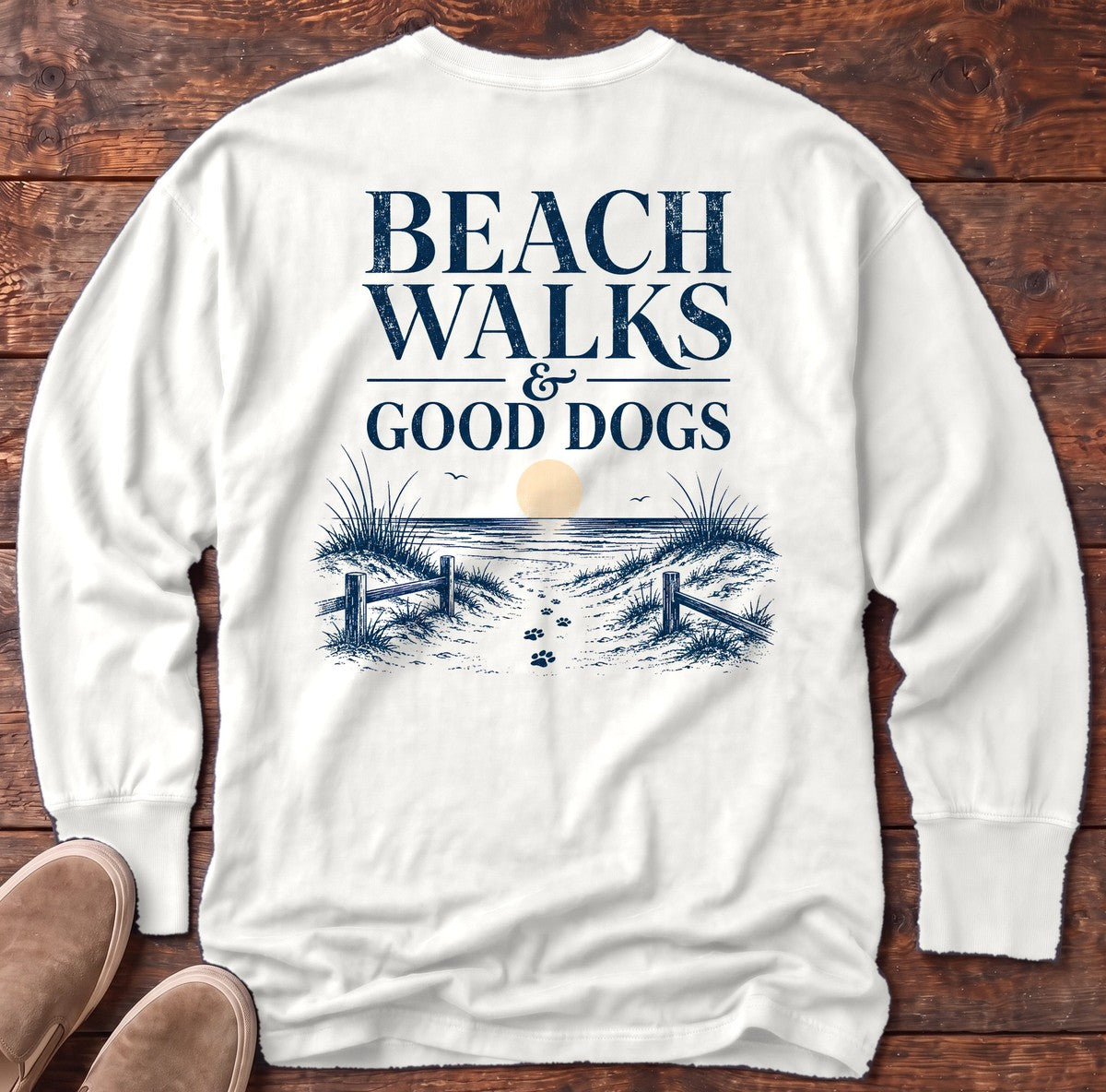 Beach Walks Good Dogs Back Design Long Sleeve Tee in White, Salty Paws Comfort Colors long sleeve tee