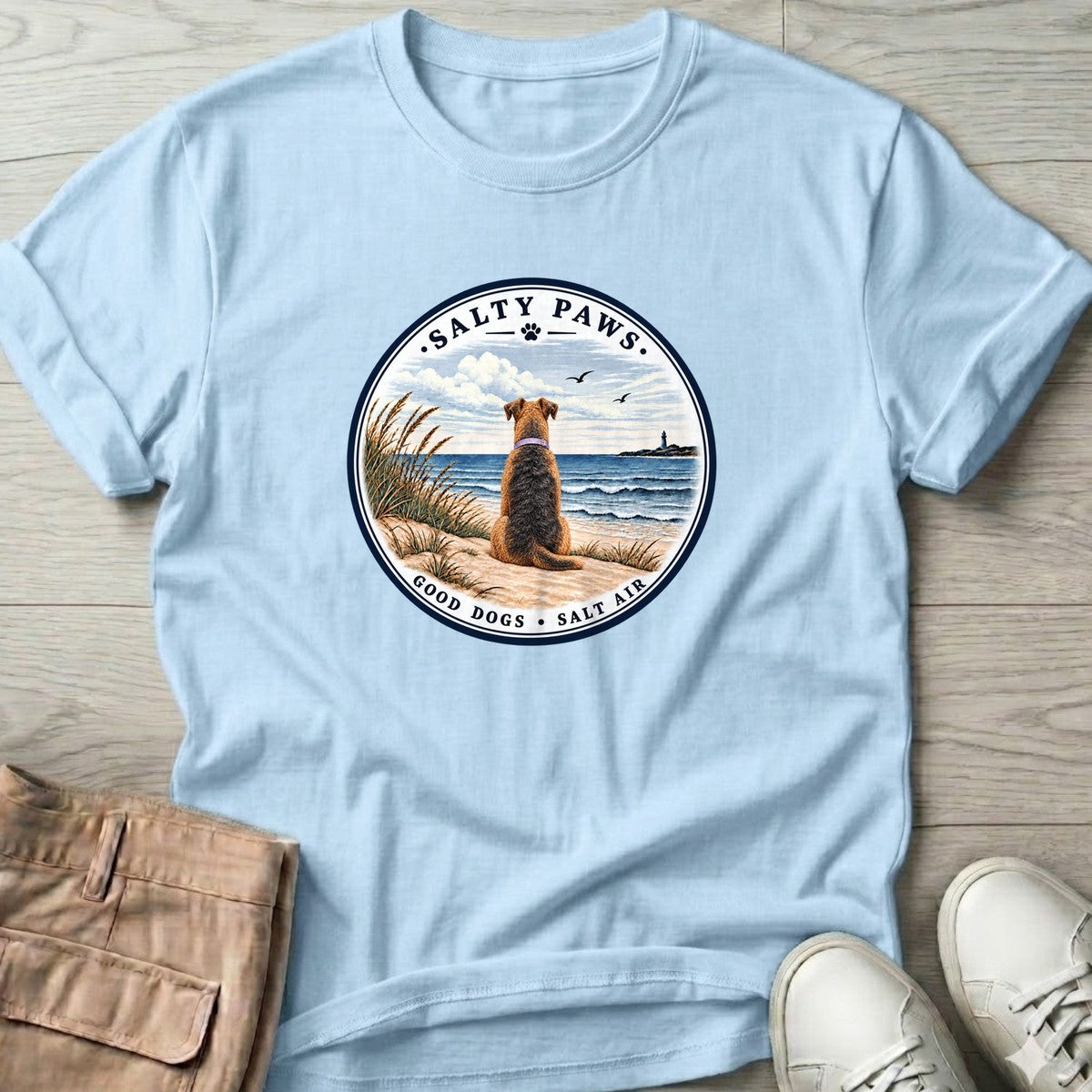Good Dogs Salt Air Airedale T-Shirt in Light Blue, Salty Paws T-Shirt, front design flat lay