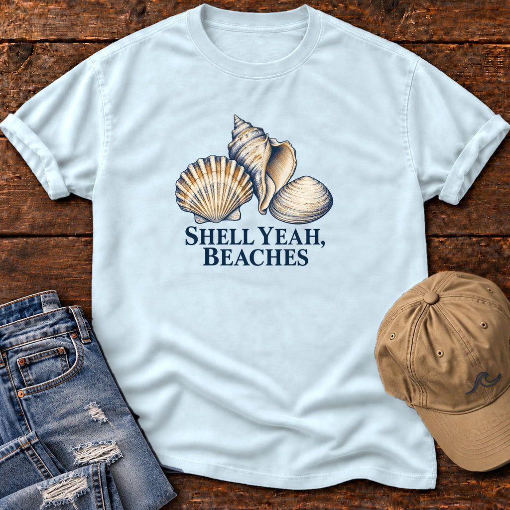 Shell Yeah Beaches T-Shirt in Chambray, Salty Paws Comfort Colors T-Shirt, front design flat lay