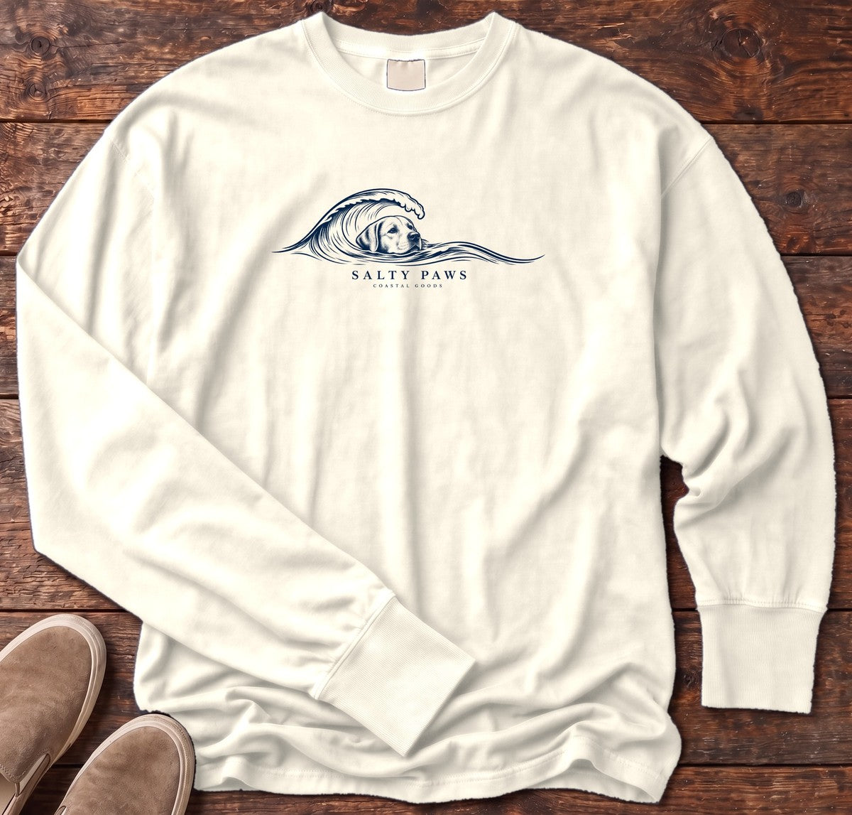 Labrador Wave Long Sleeve Tee in Ivory, Salty Paws Comfort Colors long sleeve tee