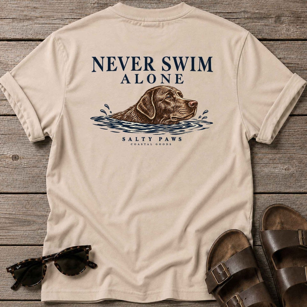 Never Swim Alone Chocolate Lab Back Design T-Shirt in Sand, back design flat lay