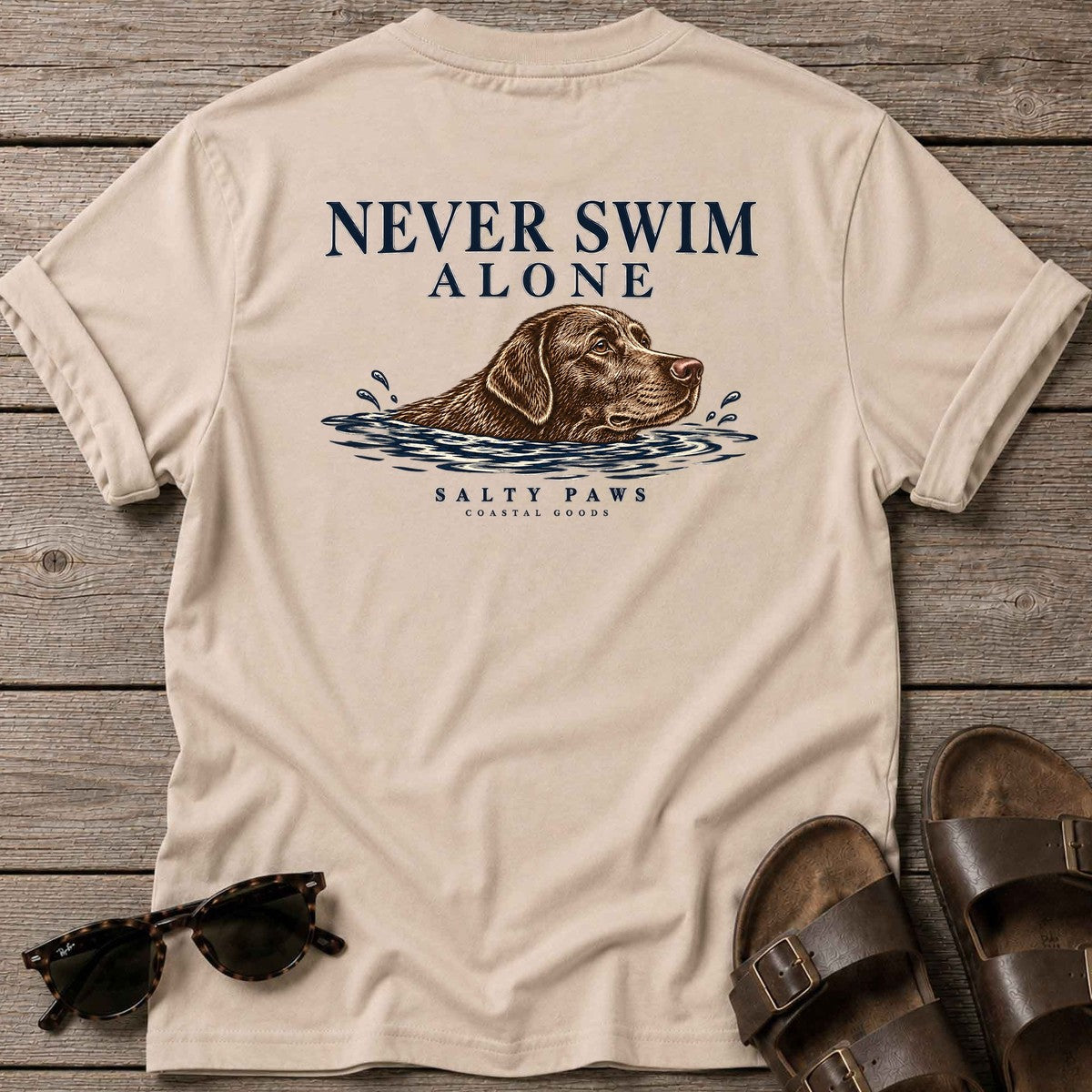 Never Swim Alone Chocolate Lab Back Design T-Shirt in Sand, back design flat lay