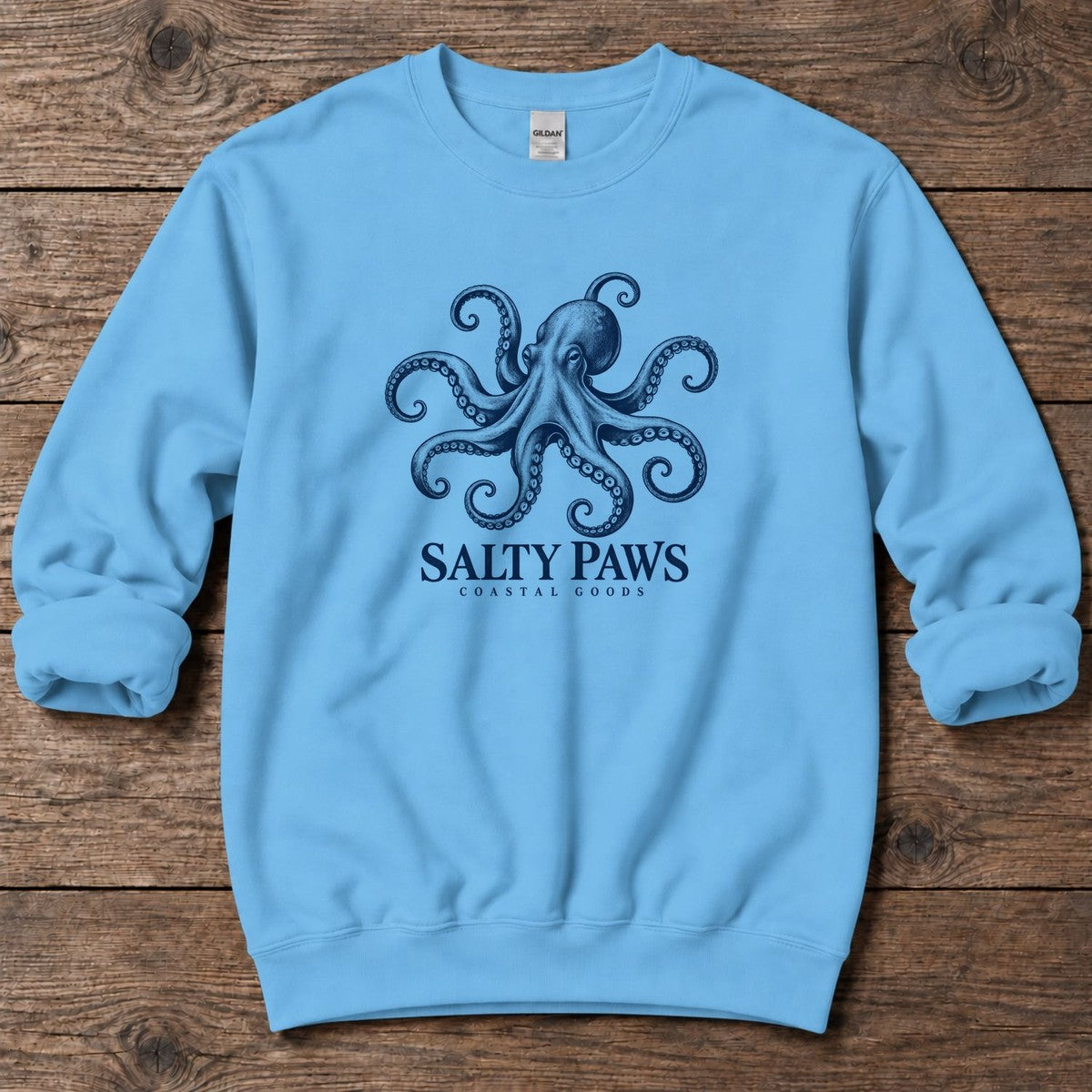 Octopus Coastal Goods Midweight Sweatshirt in Sky, Salty Paws Midweight Sweatshirt, front design flat lay