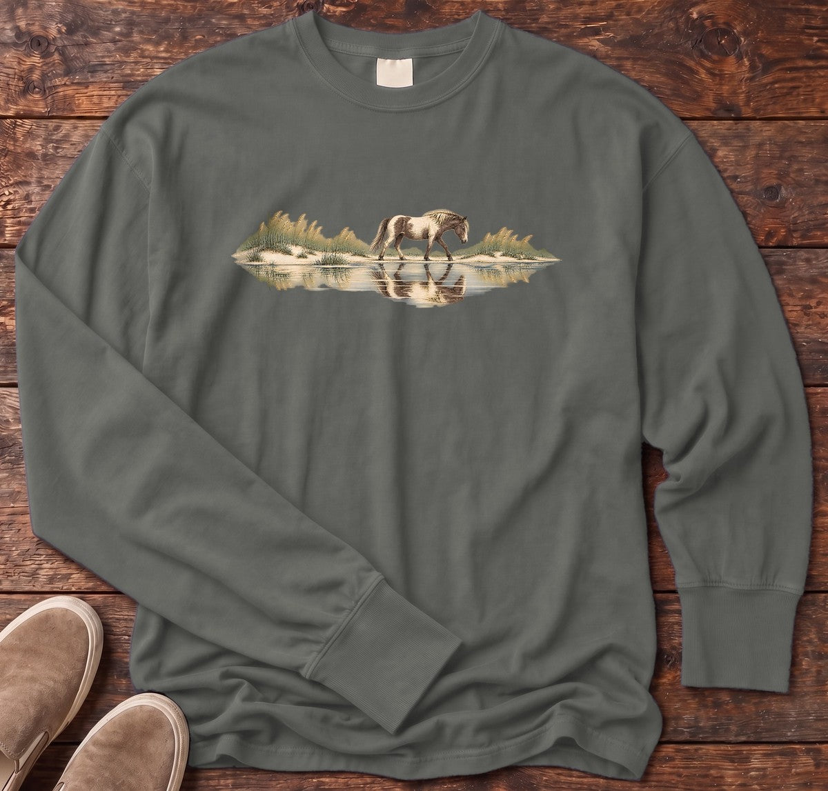 Assateague Pony Long Sleeve Tee in Pepper, Salty Paws Comfort Colors long sleeve tee