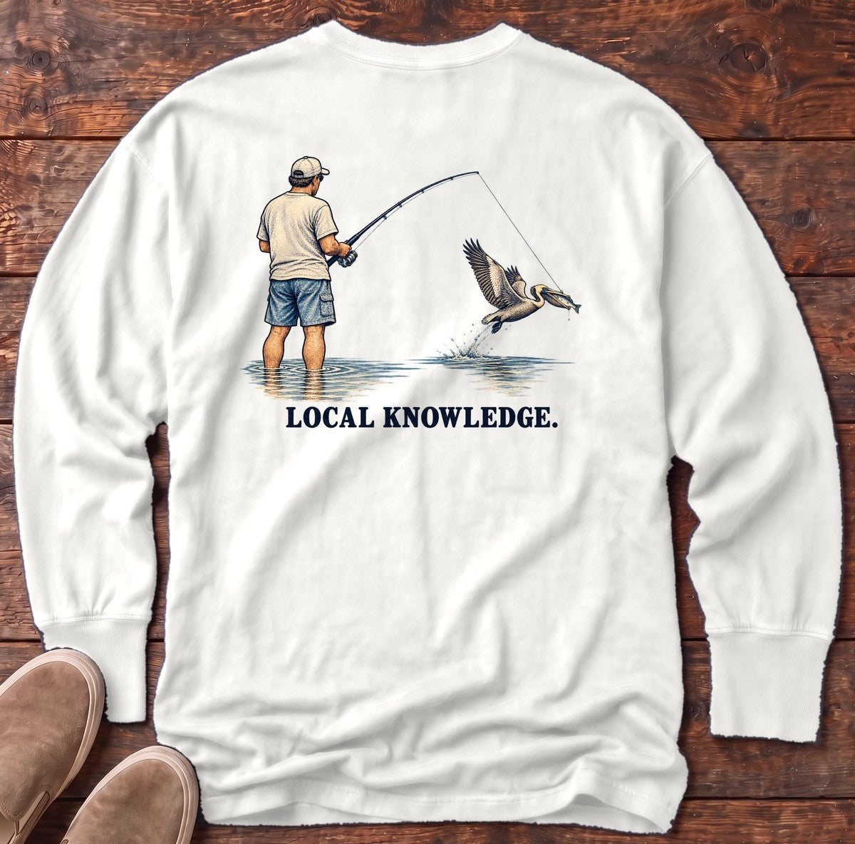 Local Knowledge Pelican Back Design Long Sleeve Tee in White, Salty Paws Comfort Colors Long Sleeve Tee, back design flat lay