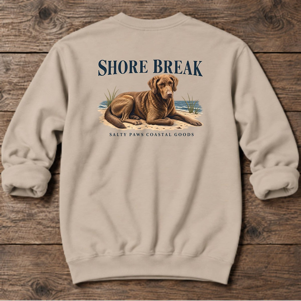 Shore Break Chesapeake Bay Retriever Back Design Midweight Sweatshirt in Sand, Salty Paws coastal sweatshirt