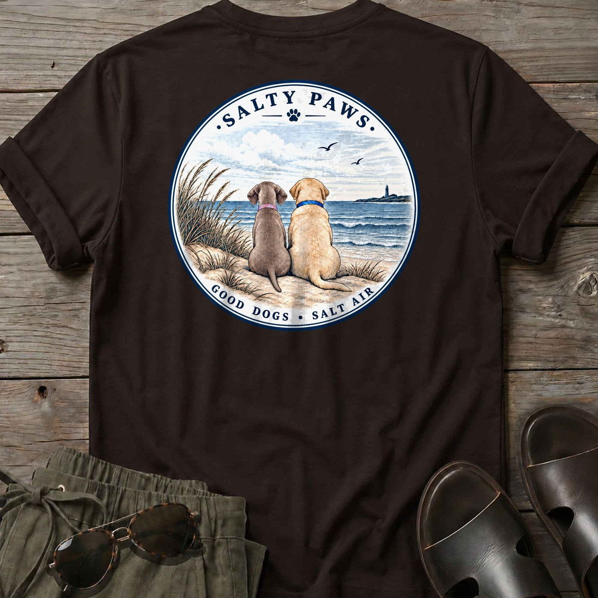 BEACH Pelican Weim & Labrador BACK T-Shirt in Dark Chocolate, Salty Paws coastal t-shirt