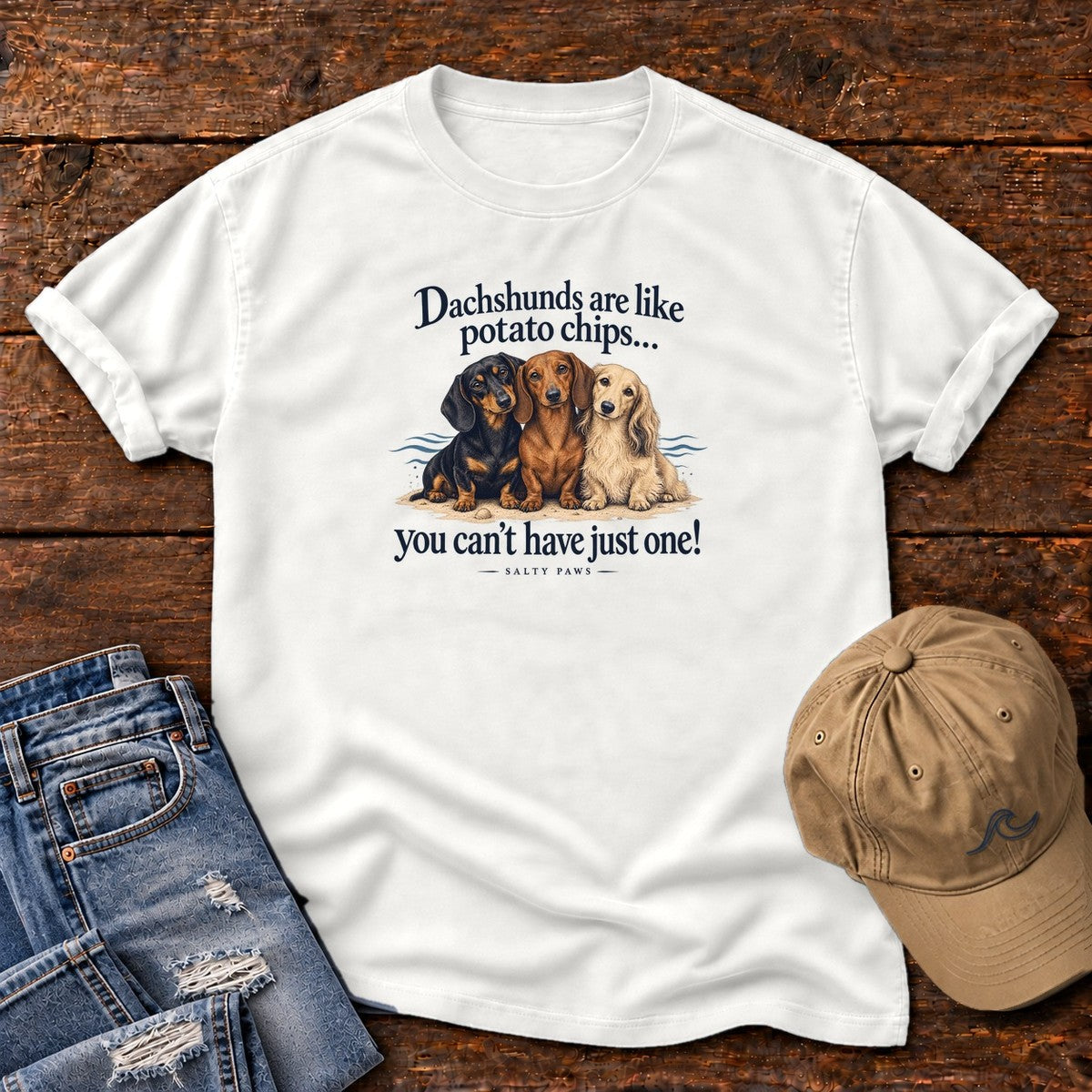 Dachshunds Are Like Potato Chips T-Shirt in White, Salty Paws Comfort Colors T-Shirt, front design flat lay