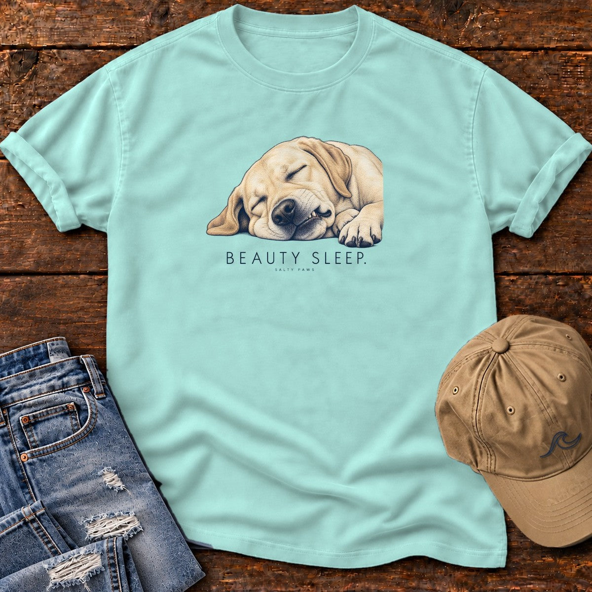 Beauty Sleep Labrador T-Shirt in Chalky Mint, Salty Paws Comfort Colors T-Shirt, front design flat lay
