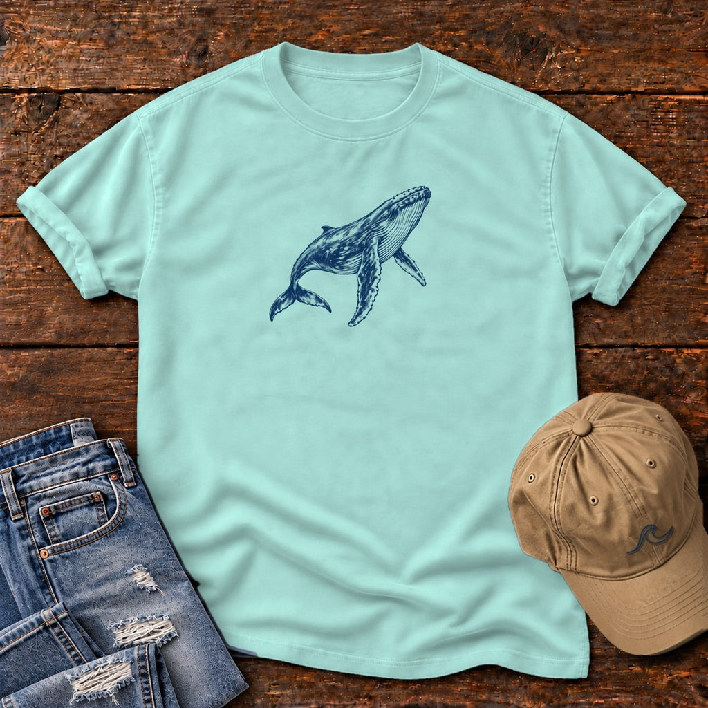 Humpback Whale T-Shirt in Chalky Mint, Salty Paws Comfort Colors T-Shirt, front design flat lay
