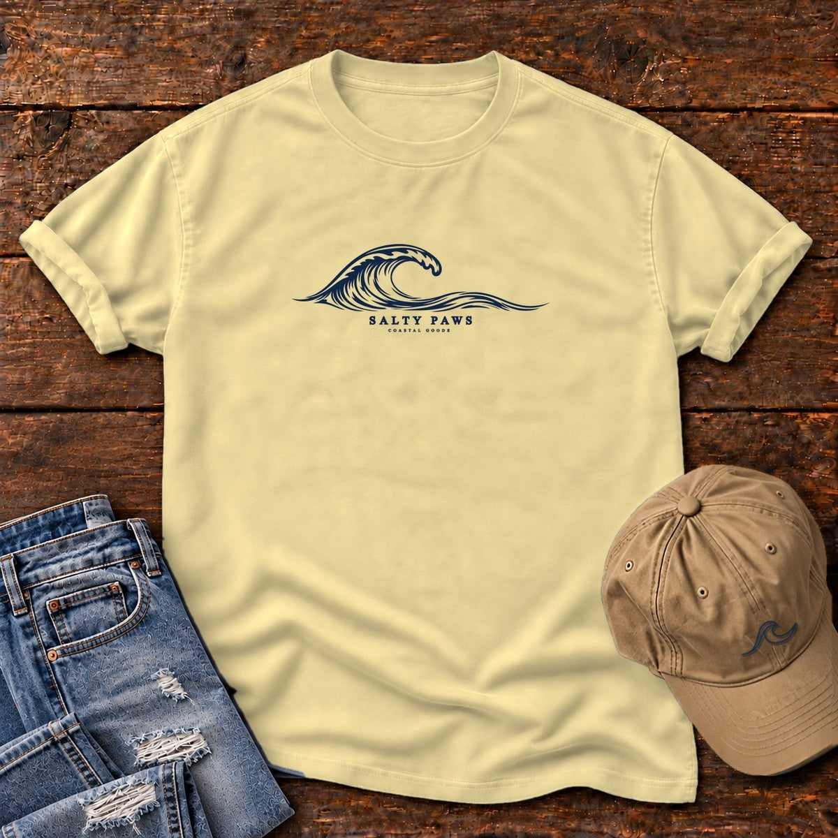 Salty Paws Coastal Wave T-Shirt in Butter, Salty Paws Comfort Colors T-Shirt, front design flat lay