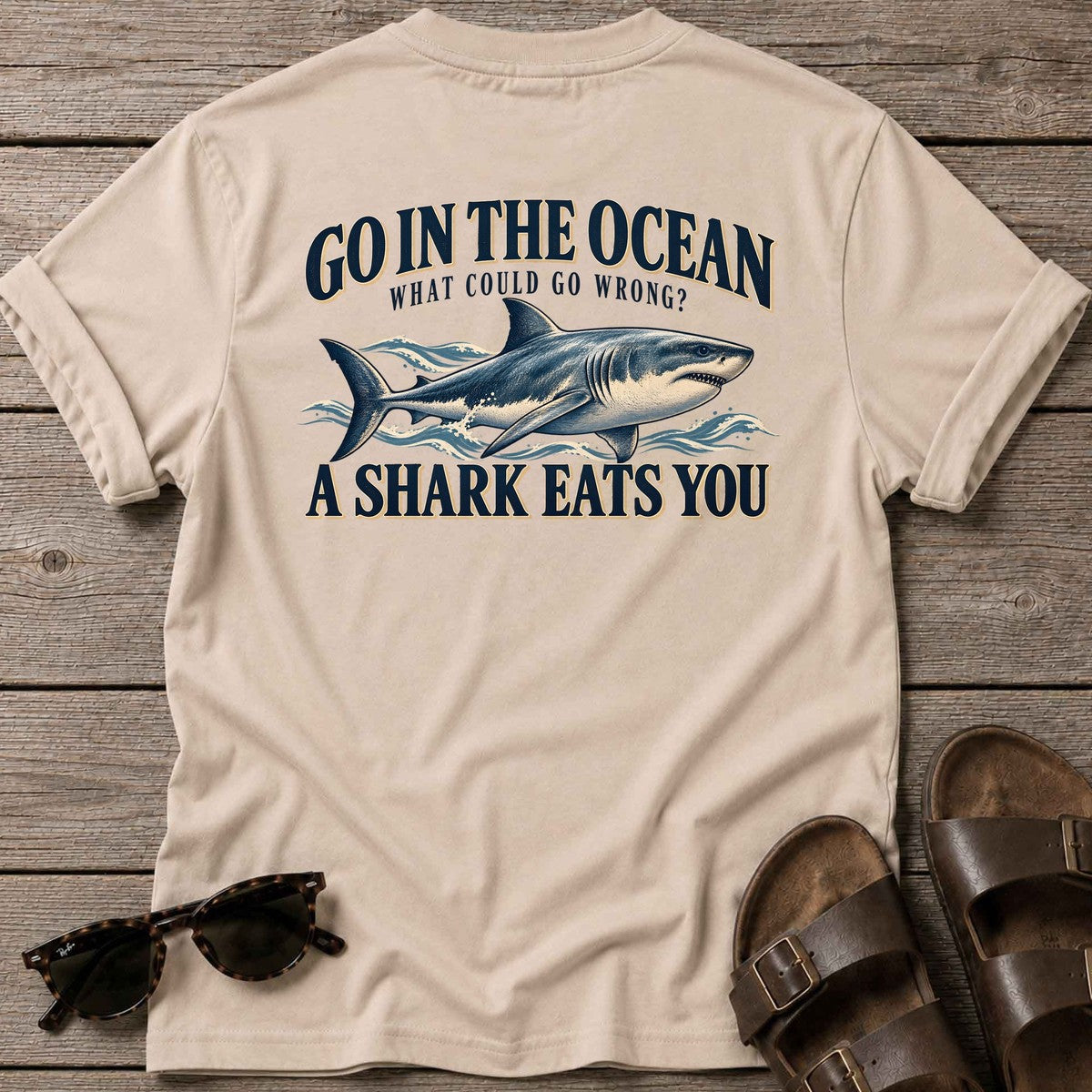 Go in the Ocean Shark Back Design T-Shirt in Sand, Salty Paws T-Shirt, back design flat lay