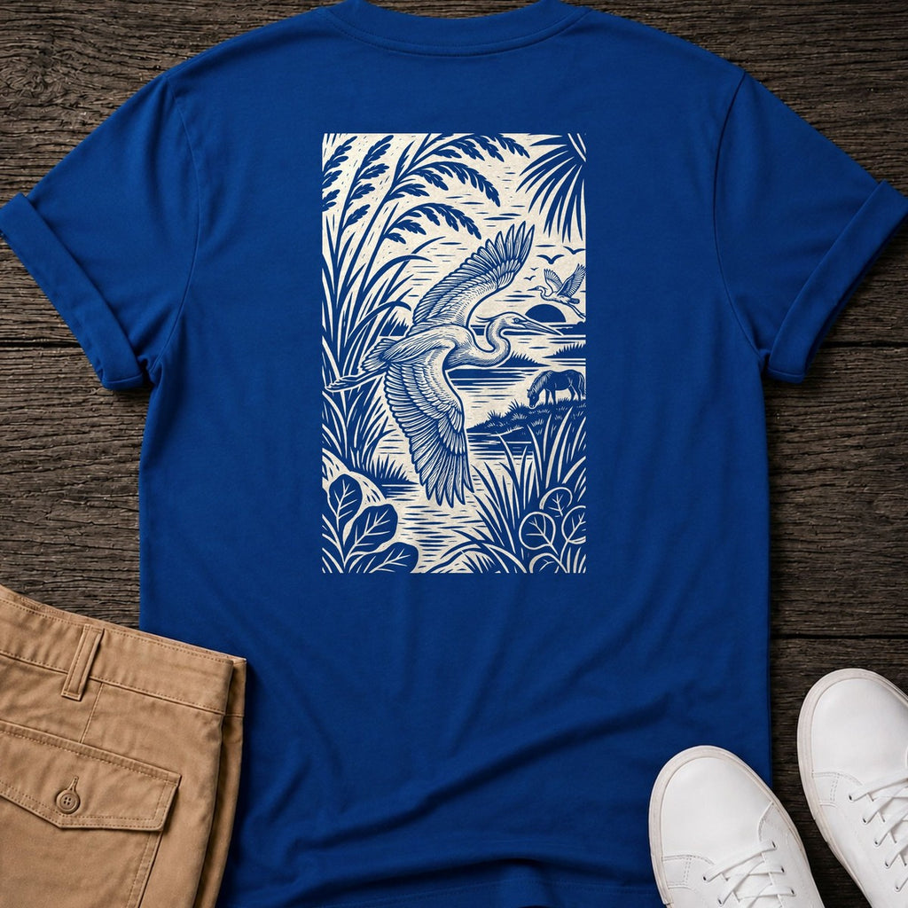 Egret Woodcut Back Design T-Shirt in Royal, Salty Paws coastal t-shirt