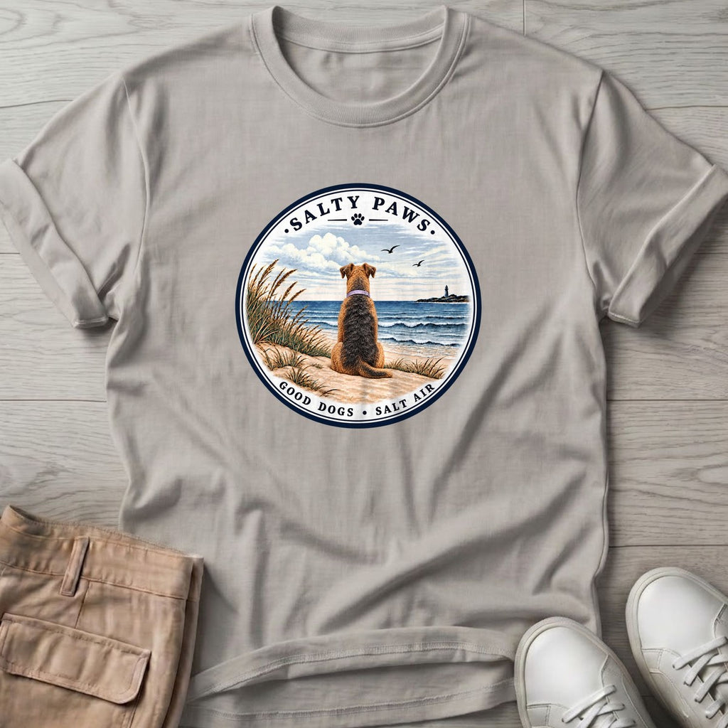 Good Dogs Salt Air Airedale T-Shirt in Ice Grey, Salty Paws T-Shirt, front design flat lay