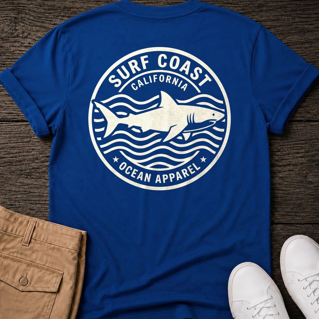 Surf Coast Shark Back Design T-Shirt in Royal, Salty Paws coastal t-shirt